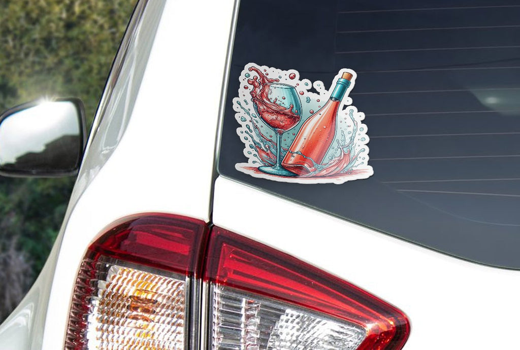 Sticker Vin Rosé Apéritif Estival Verre Bouteille et Glaçons - Vinyle Résistant et Durable