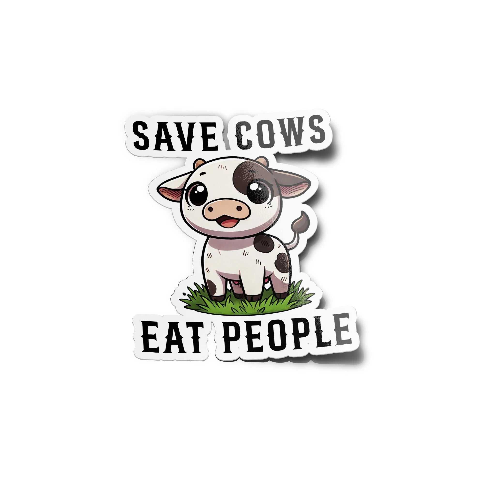 Sticker Vinyle Résistant - Vache Kawaii Mignonne : Save Cows Eat People - Activisme Vegan & Végétarien