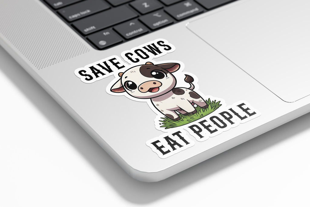 Sticker Vinyle Résistant - Vache Kawaii Mignonne : Save Cows Eat People - Activisme Vegan & Végétarien