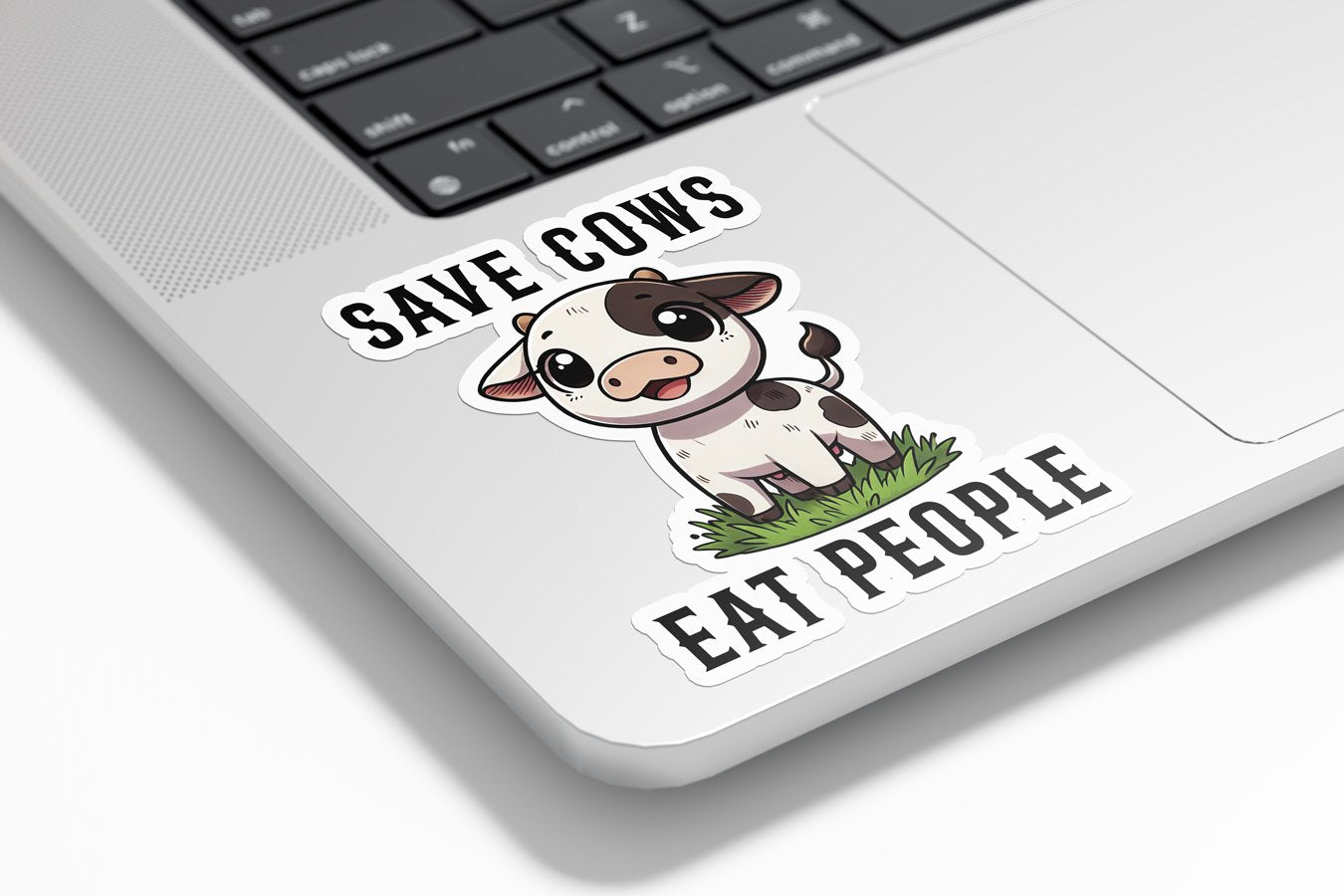 Sticker Vinyle Résistant - Vache Kawaii Mignonne : Save Cows Eat People - Activisme Vegan & Végétarien