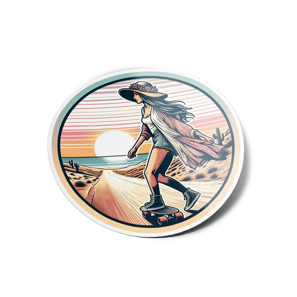 Stickers Skateuse Bohème & Longboard Girly 8cm - Vinyle Résistant Eau/UV, Art Sunset Boho Skate
