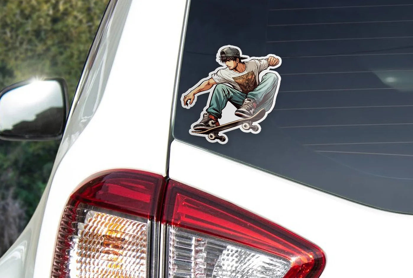 Autocollant vinyle skateur en figure ollie, résistant à l'eau et aux UV, découpe à la forme, style skateboard