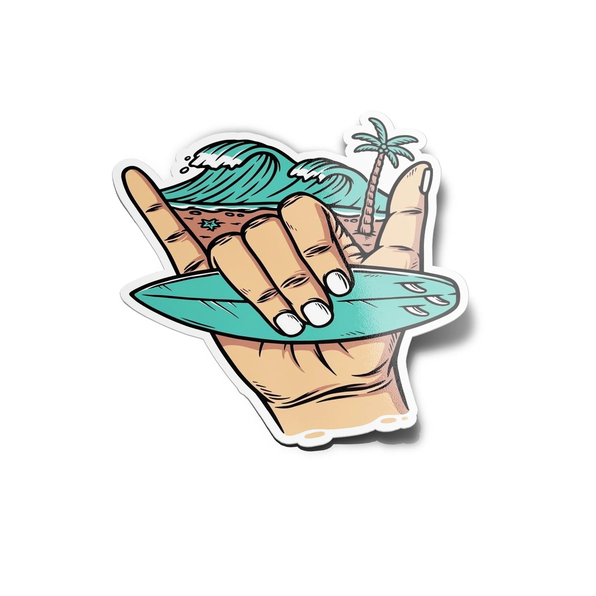 Sticker Vinyle Surf Shaka avec Planche de Surf, Vague Océan et Palmier - Résistant Eau et UV