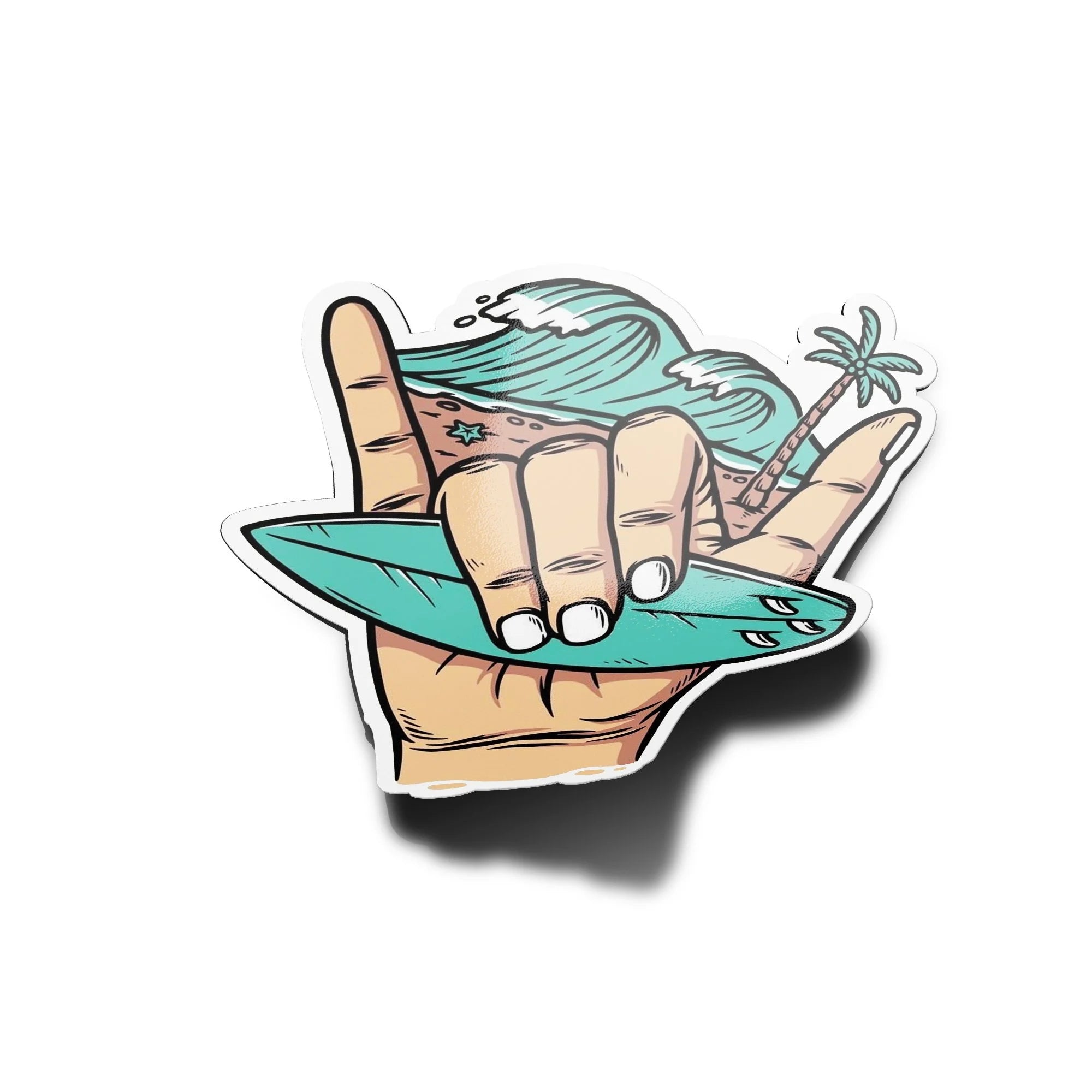 Sticker Vinyle Surf Shaka avec Planche de Surf, Vague Océan et Palmier - Résistant Eau et UV