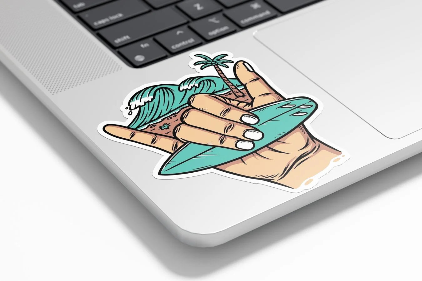 Sticker Vinyle Surf Shaka avec Planche de Surf, Vague Océan et Palmier - Résistant Eau et UV