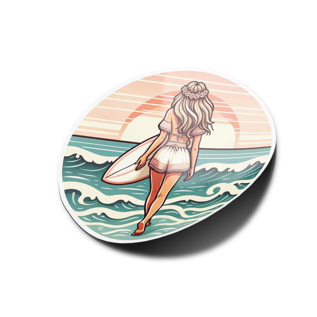Sticker Surfeuse Bohème Vinyle - Résistant à l'Eau/UV, Blonde Ambiance Mer et Vagues, 8cm