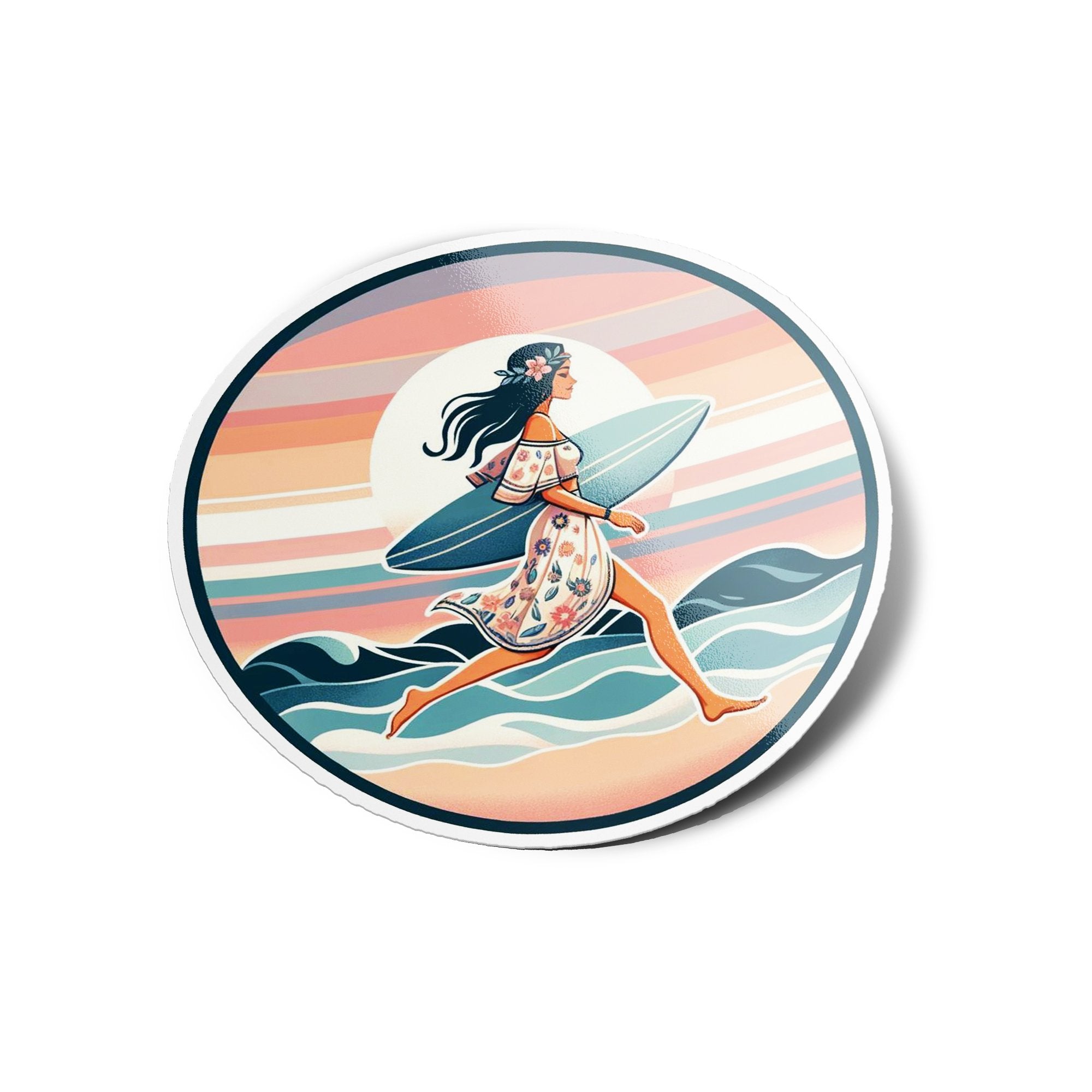 Sticker Vinyle Surfeuse Bohème - Court sur la plage Coucher de Soleil & Mer - Illustration Pastel Chill life