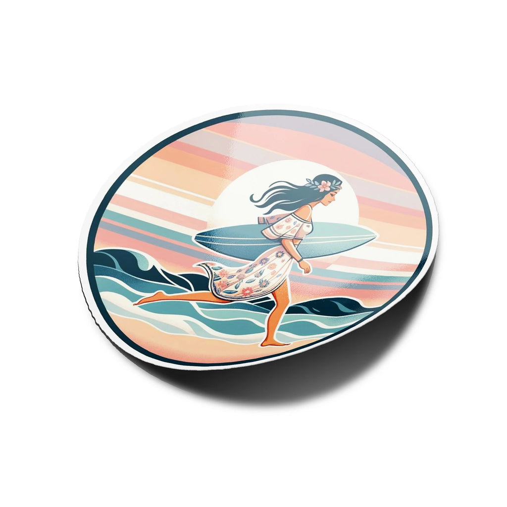 Sticker Vinyle Surfeuse Bohème - Court sur la plage Coucher de Soleil & Mer - Illustration Pastel Chill life