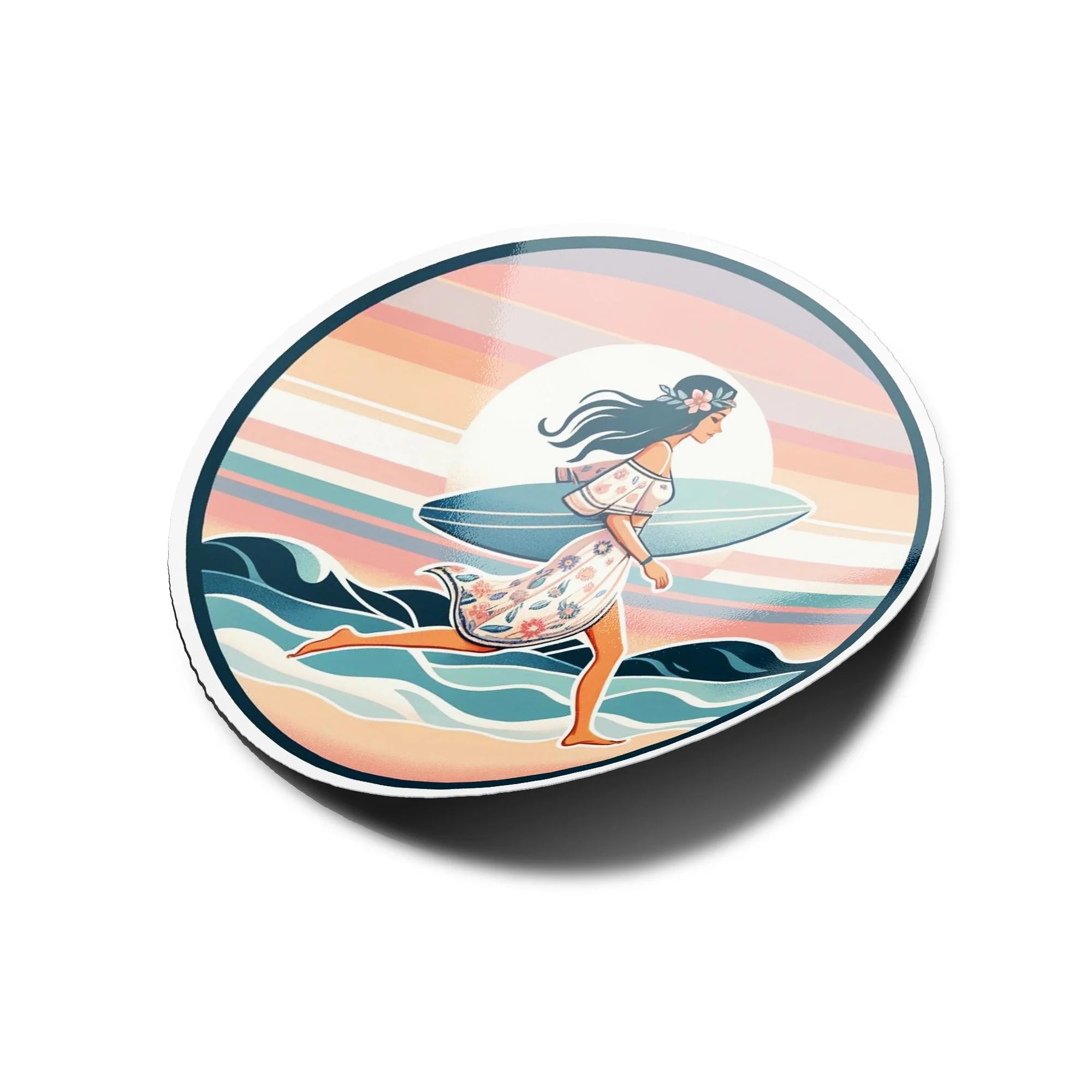 Sticker Vinyle Surfeuse Bohème - Court sur la plage Coucher de Soleil & Mer - Illustration Pastel Chill life
