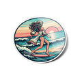 Sticker Vinyle Surfeuse Bohème - Coucher de Soleil & Mer - Style Bande Dessinée Pastel Chill