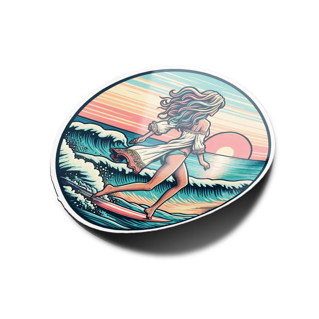 Sticker Vinyle Surfeuse Bohème - Coucher de Soleil & Mer - Style Bande Dessinée Pastel Chill
