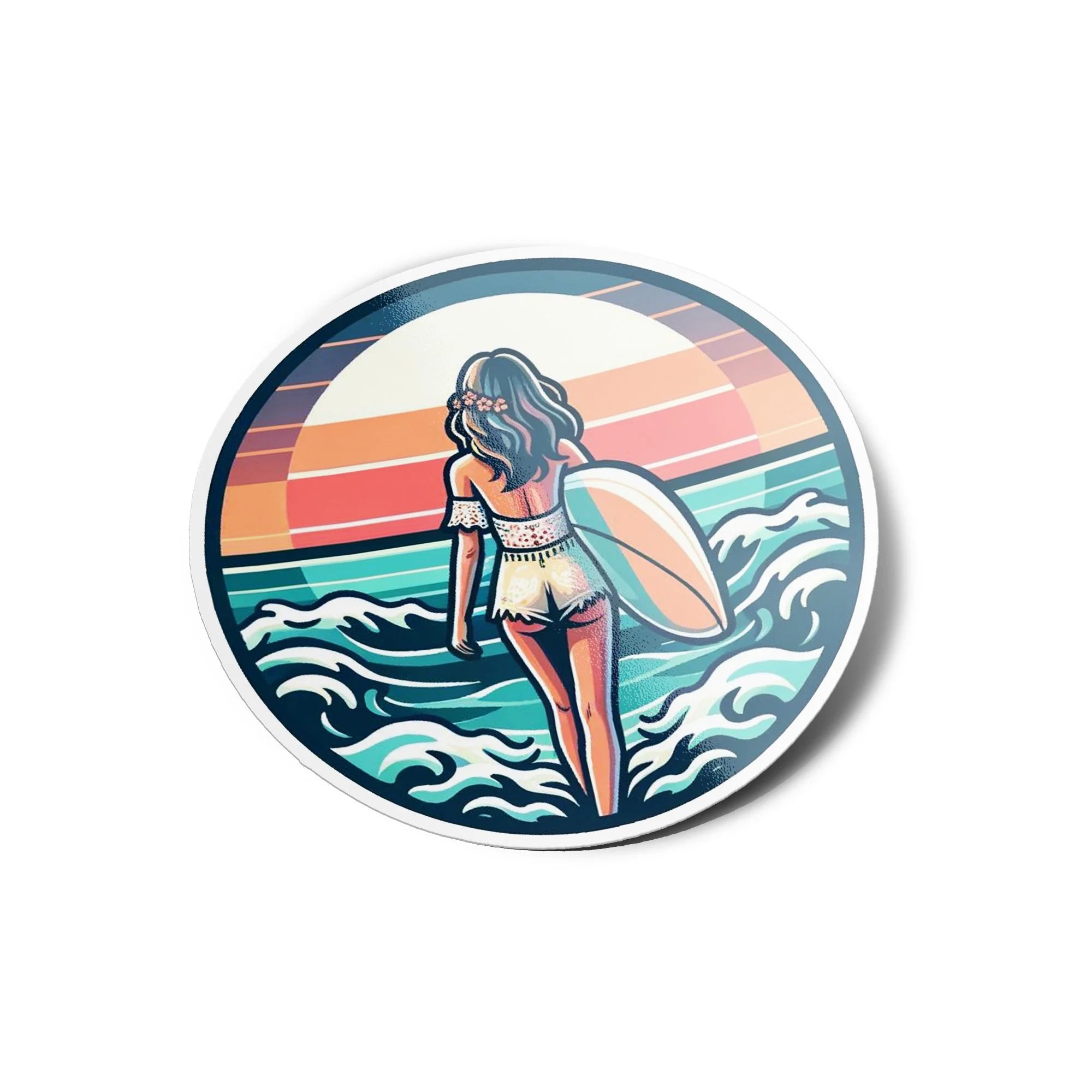 Sticker Vinyle Surfeuse Bohème - Girly brune avec planche plage Coucher de Soleil & Mer - Illustration Pastel Surf life