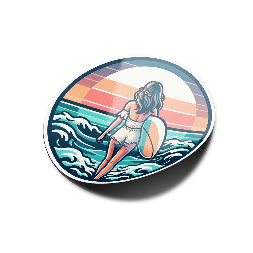 Sticker Vinyle Surfeuse Bohème - Girly brune avec planche plage Coucher de Soleil & Mer - Illustration Pastel Surf life