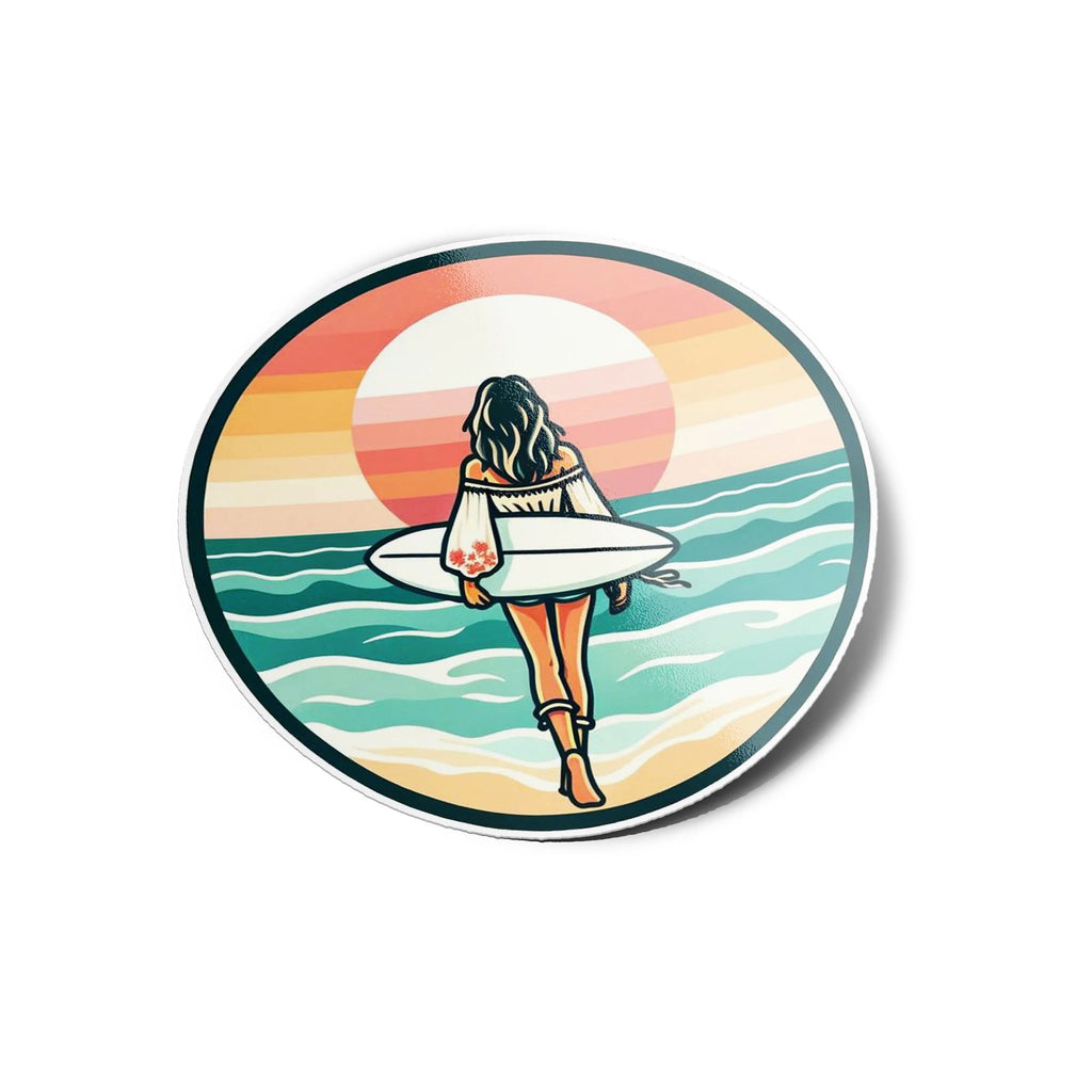Sticker Surfeuse Bohème Vinyle - Résistant à l'Eau/UV, Ambiance Mer et Vagues, 8cm