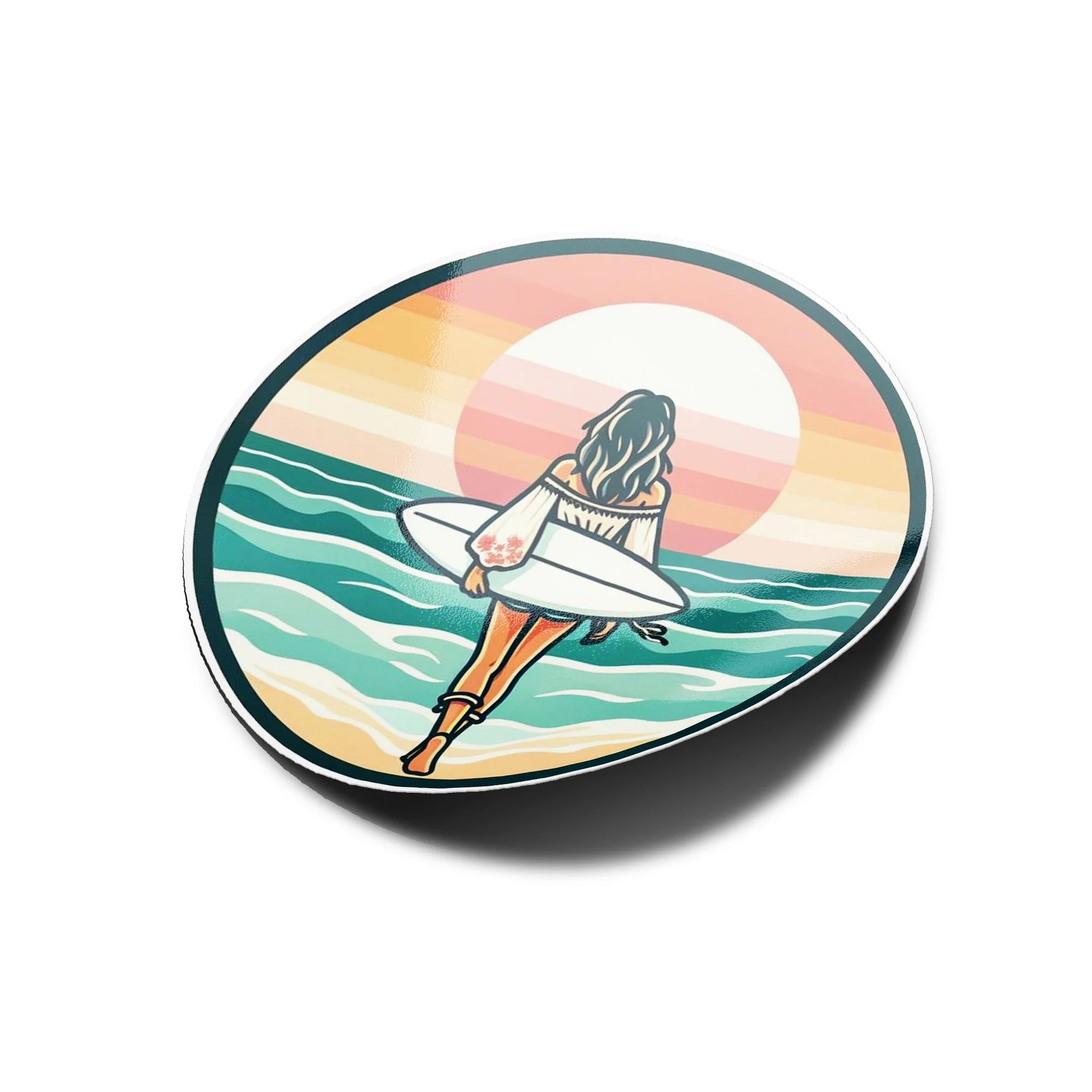 Sticker Surfeuse Bohème Vinyle - Résistant à l'Eau/UV, Ambiance Mer et Vagues, 8cm