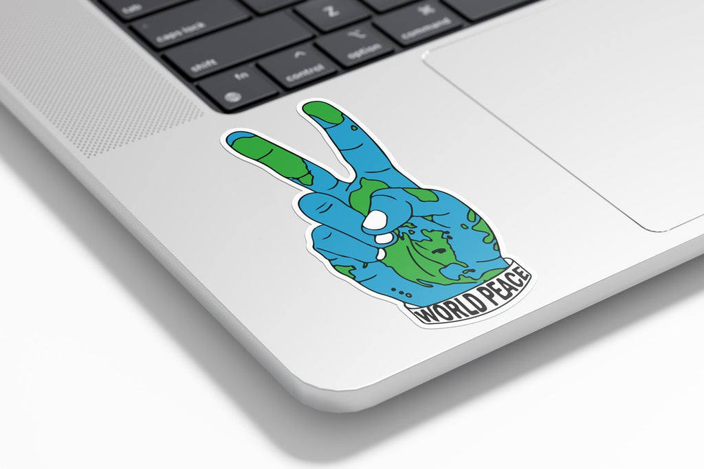 Sticker vinyle World Peace - Main Terre signe V de la paix - Autocollant résistant à l'eau et aux UV