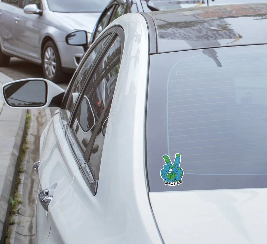 Sticker vinyle World Peace - Main Terre signe V de la paix - Autocollant résistant à l'eau et aux UV