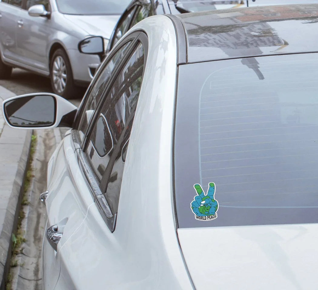 Sticker vinyle World Peace - Main Terre signe V de la paix - Autocollant résistant à l'eau et aux UV