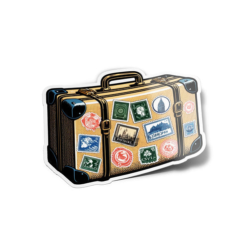 Autocollant vinyle valise vintage avec tampons de voyage, résistant à l'eau et aux UV, découpe à la forme