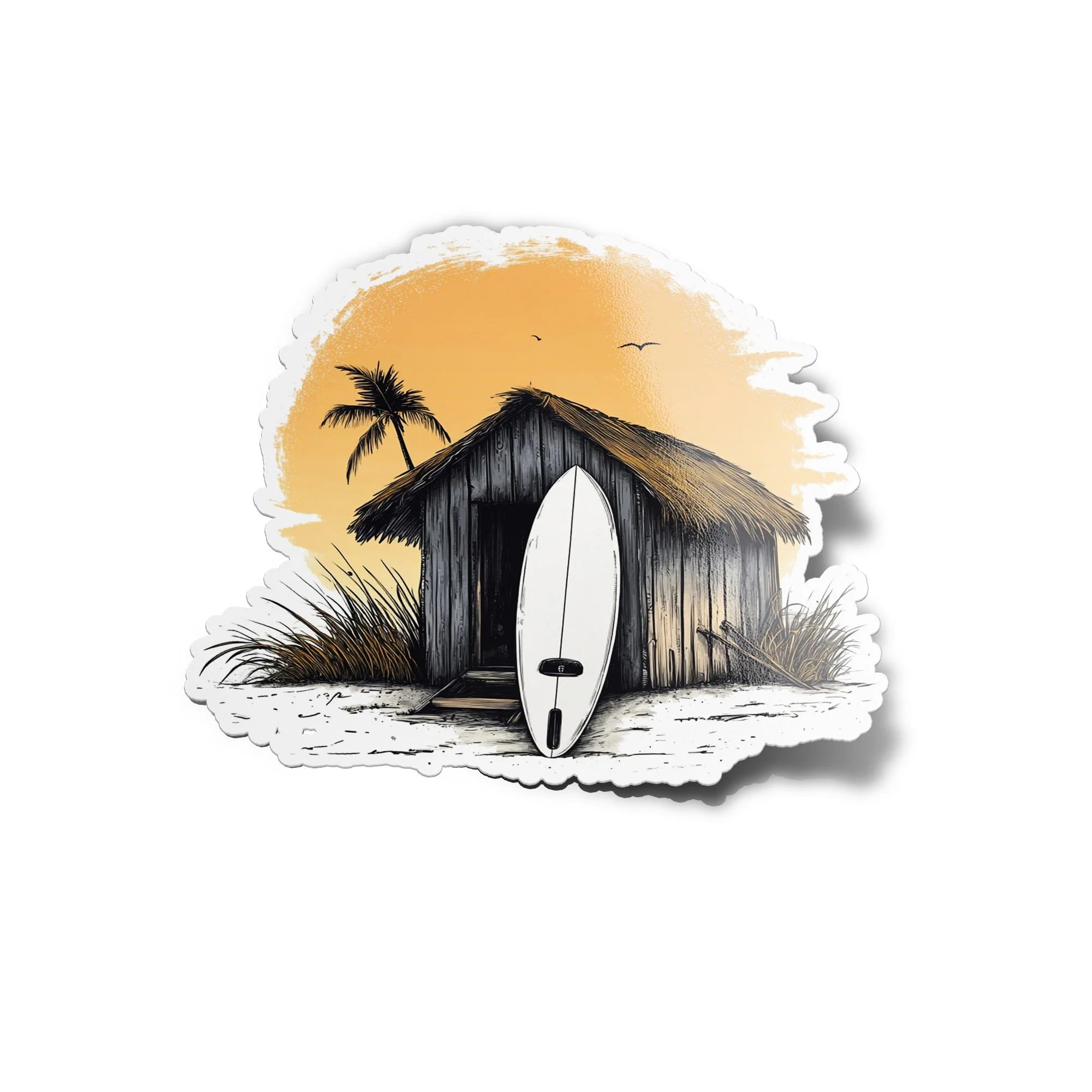 Sticker Vinyle Surf Life – Autocollant Cabane de Plage & Planche de Surf – Coucher de Soleil & Chill