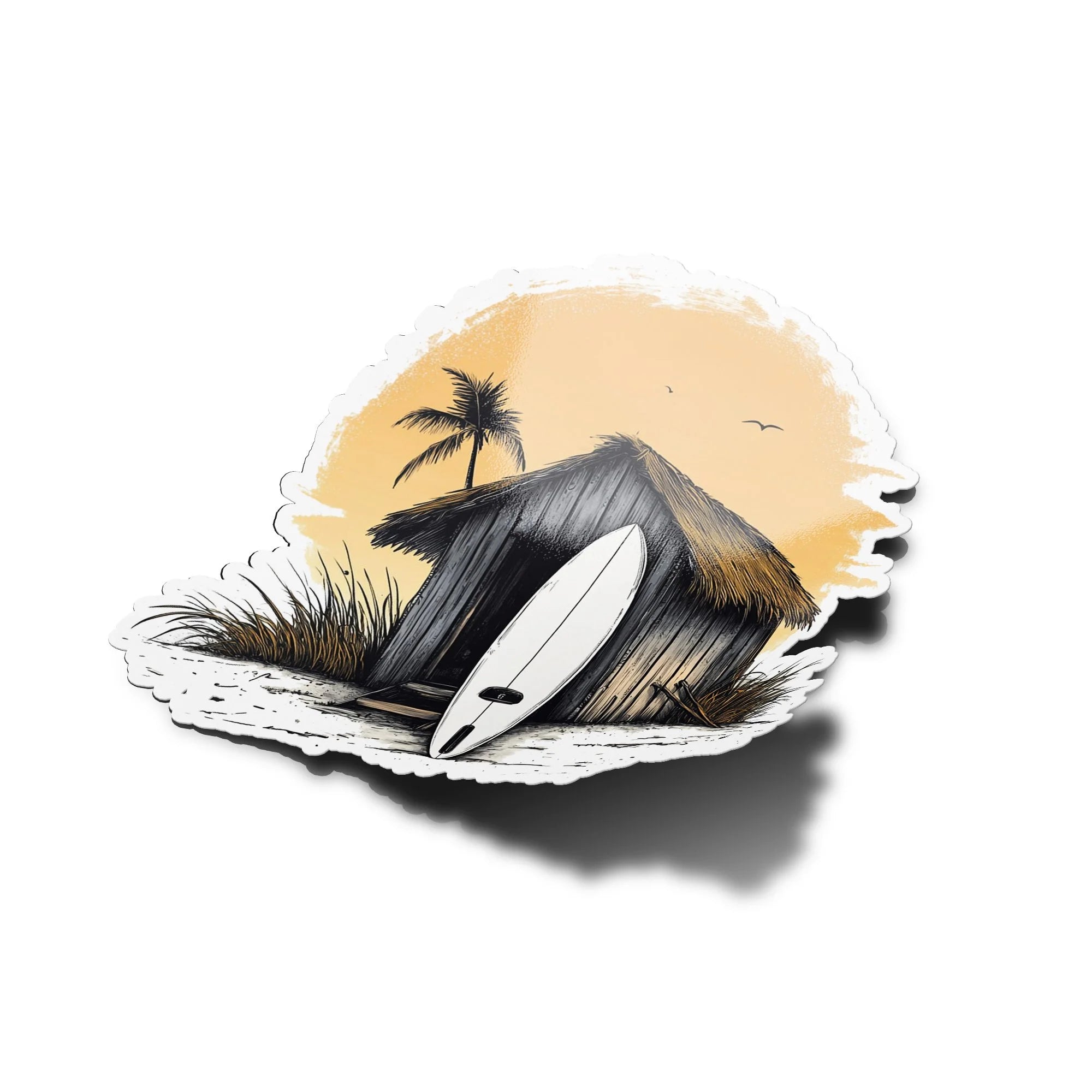 Sticker Vinyle Surf Life – Autocollant Cabane de Plage & Planche de Surf – Coucher de Soleil & Chill