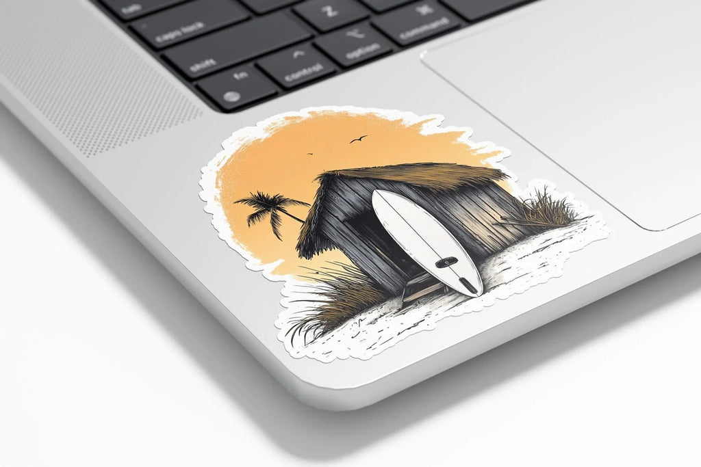 Sticker Vinyle Surf Life – Autocollant Cabane de Plage & Planche de Surf – Coucher de Soleil & Chill