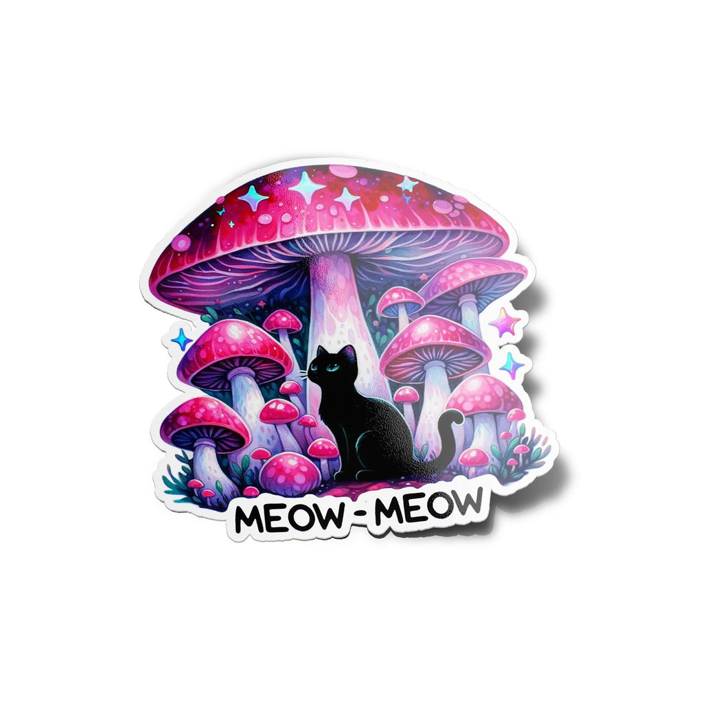 Sticker Chat Noir & Forêt de champignons magiques Fantastique - Vinyle Résistant Eau et UV
