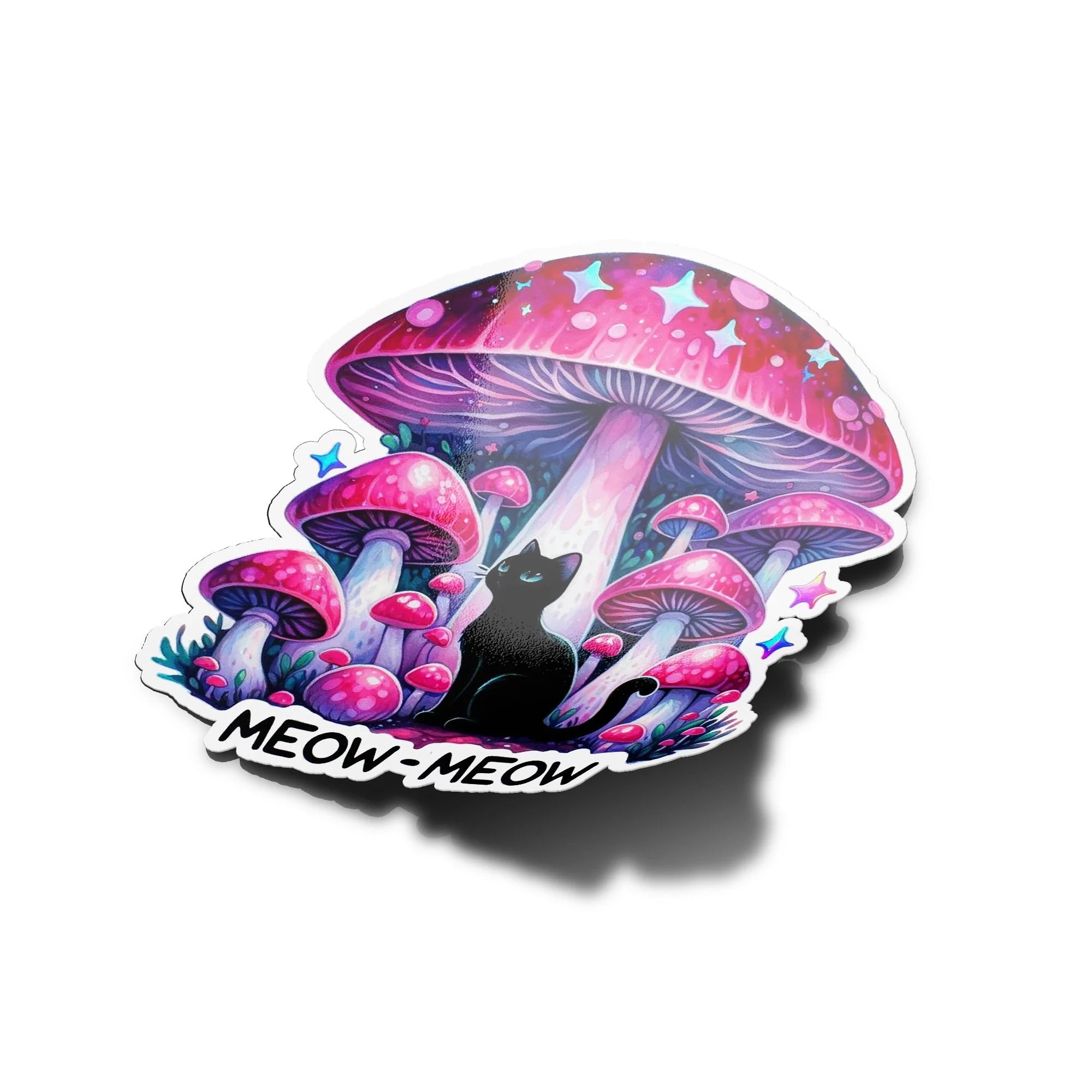 Sticker Chat Noir & Forêt de champignons magiques Fantastique - Vinyle Résistant Eau et UV