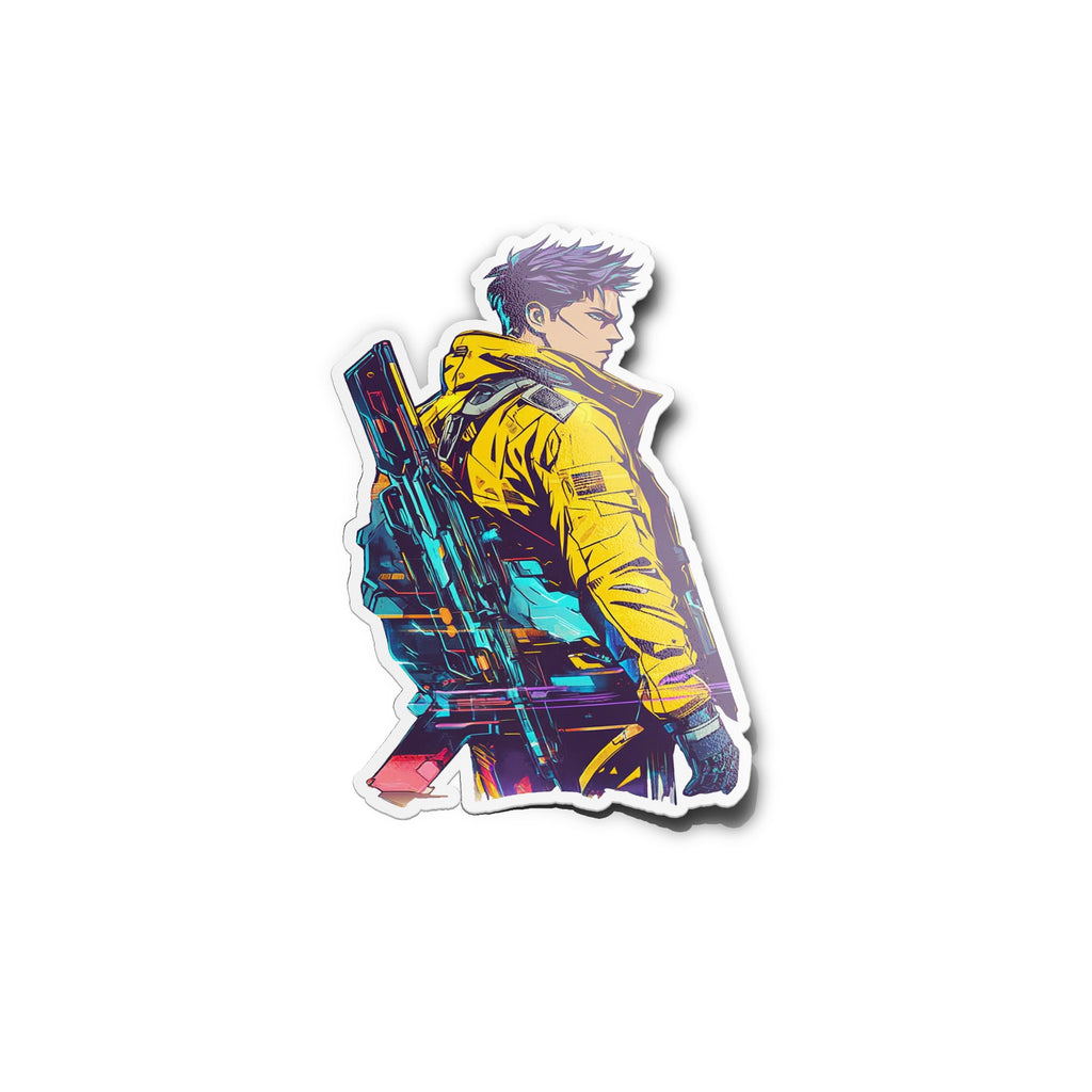Sticker Vinyle Cyberpunk - Autocollant Gaming Futuriste - Personnage Armé - Résistant Eau & UV - Qualité