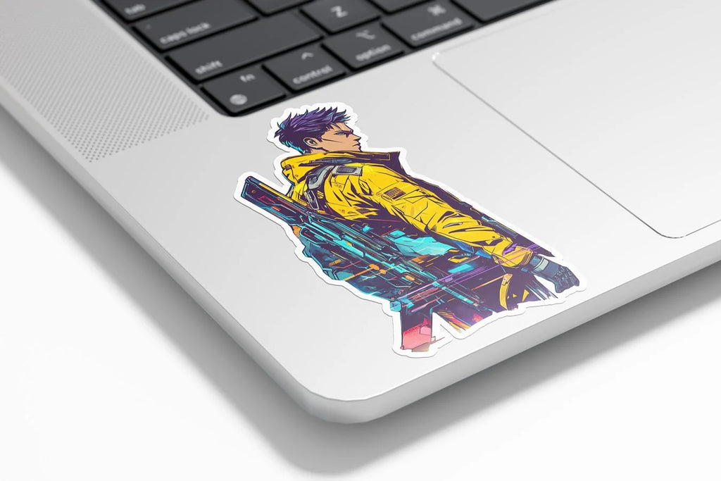 Sticker Vinyle Cyberpunk - Autocollant Gaming Futuriste - Personnage Armé - Résistant Eau & UV - Qualité