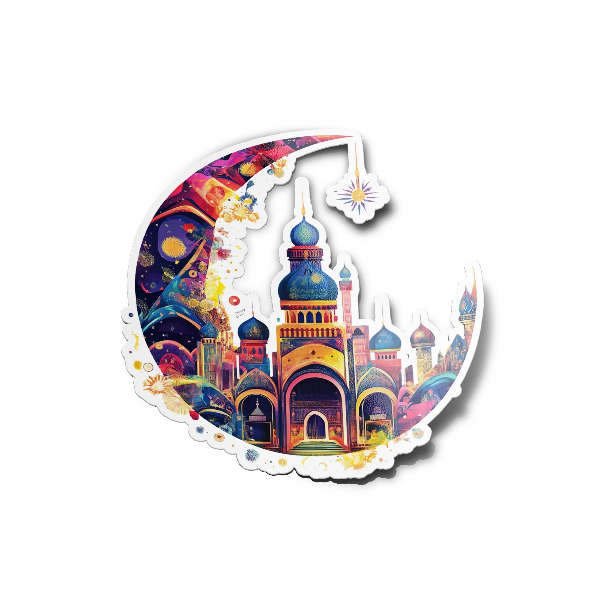 Sticker Vinyle Islamique "Symbole du Ramadan" – Croissant de Lune et Mosquée Colorée | Autocollant Résistant à l’Eau et