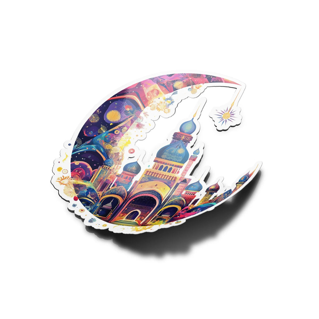 Sticker Vinyle Islamique "Symbole du Ramadan" – Croissant de Lune et Mosquée Colorée | Autocollant Résistant à l’Eau et