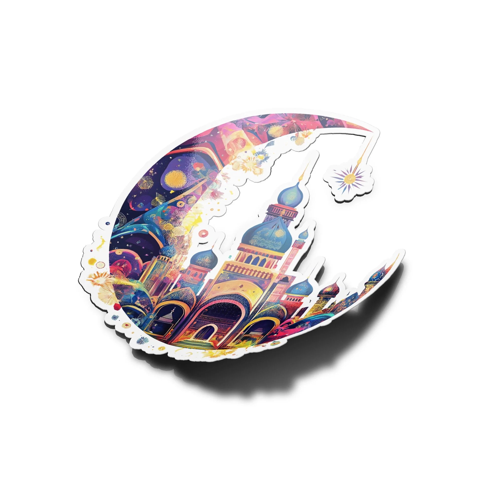 Sticker Vinyle Islamique "Symbole du Ramadan" – Croissant de Lune et Mosquée Colorée | Autocollant Résistant à l’Eau et