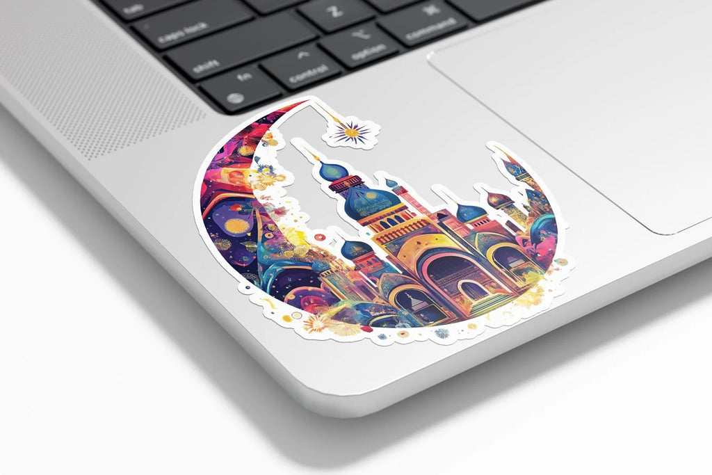 Sticker Vinyle Islamique "Symbole du Ramadan" – Croissant de Lune et Mosquée Colorée | Autocollant Résistant à l’Eau et