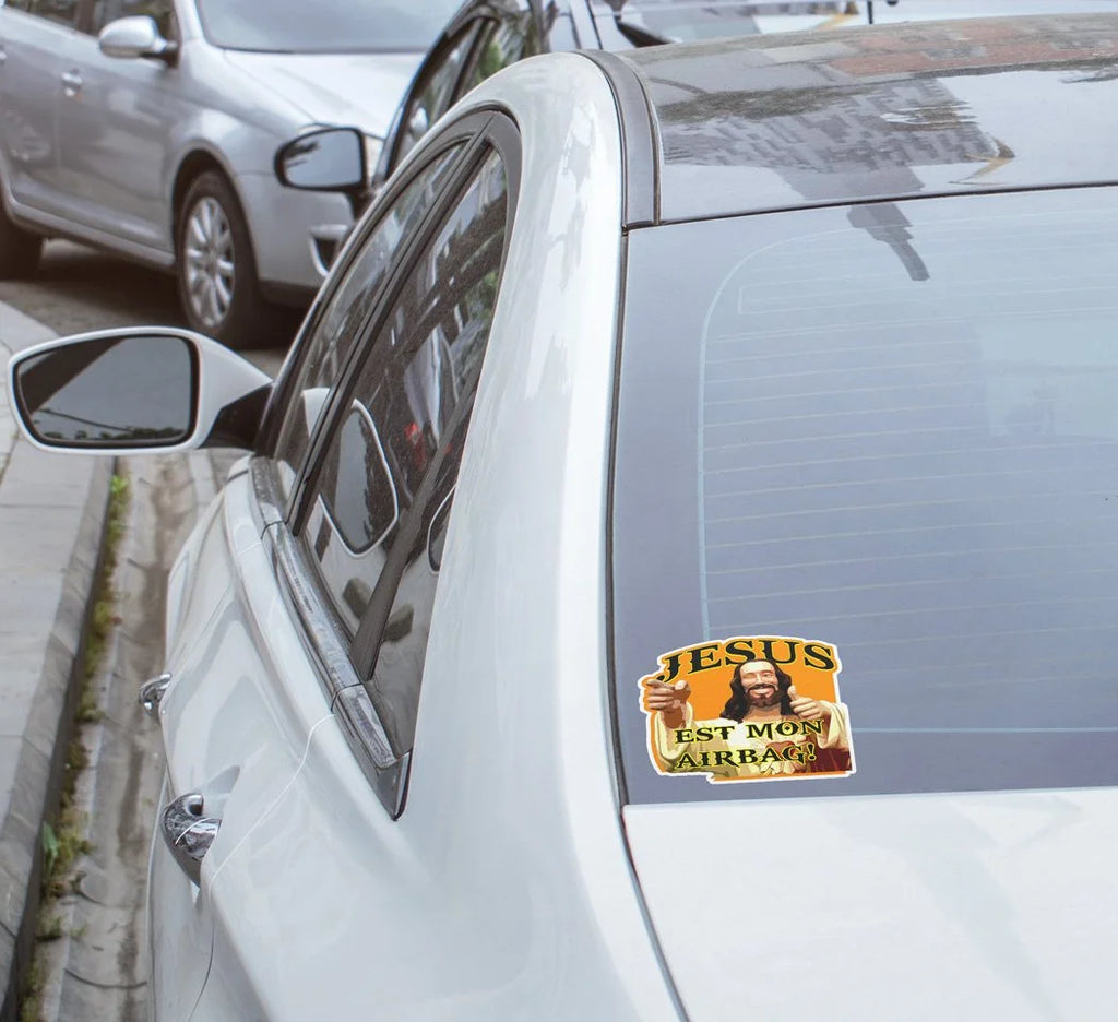 Sticker Vinyle "Jésus est mon Airbag" – Autocollant Voiture Drôle | Résistant à l’Eau et aux UV