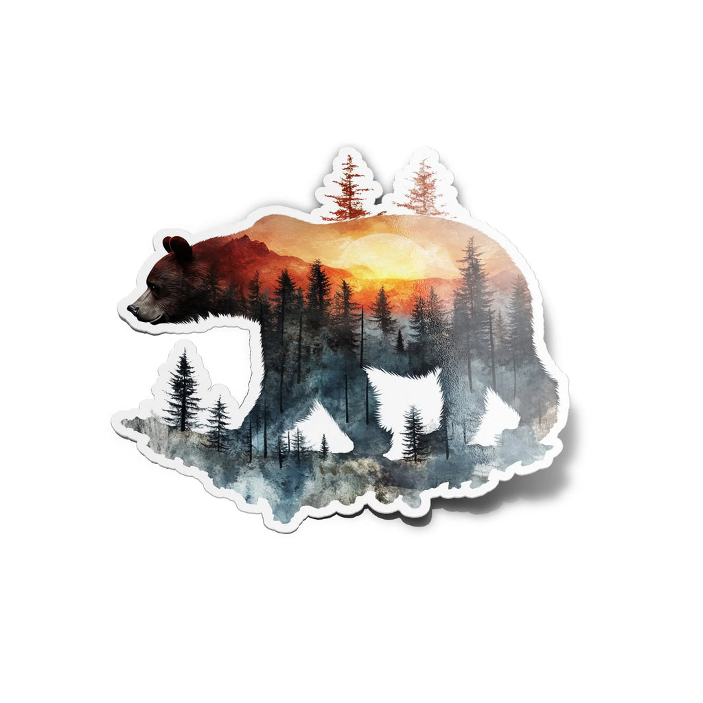 Sticker Vinyle Ours & Forêt | Illustration Aquarelle | Autocollant Étanche et Résistant aux UV | Découpe Personnalisée