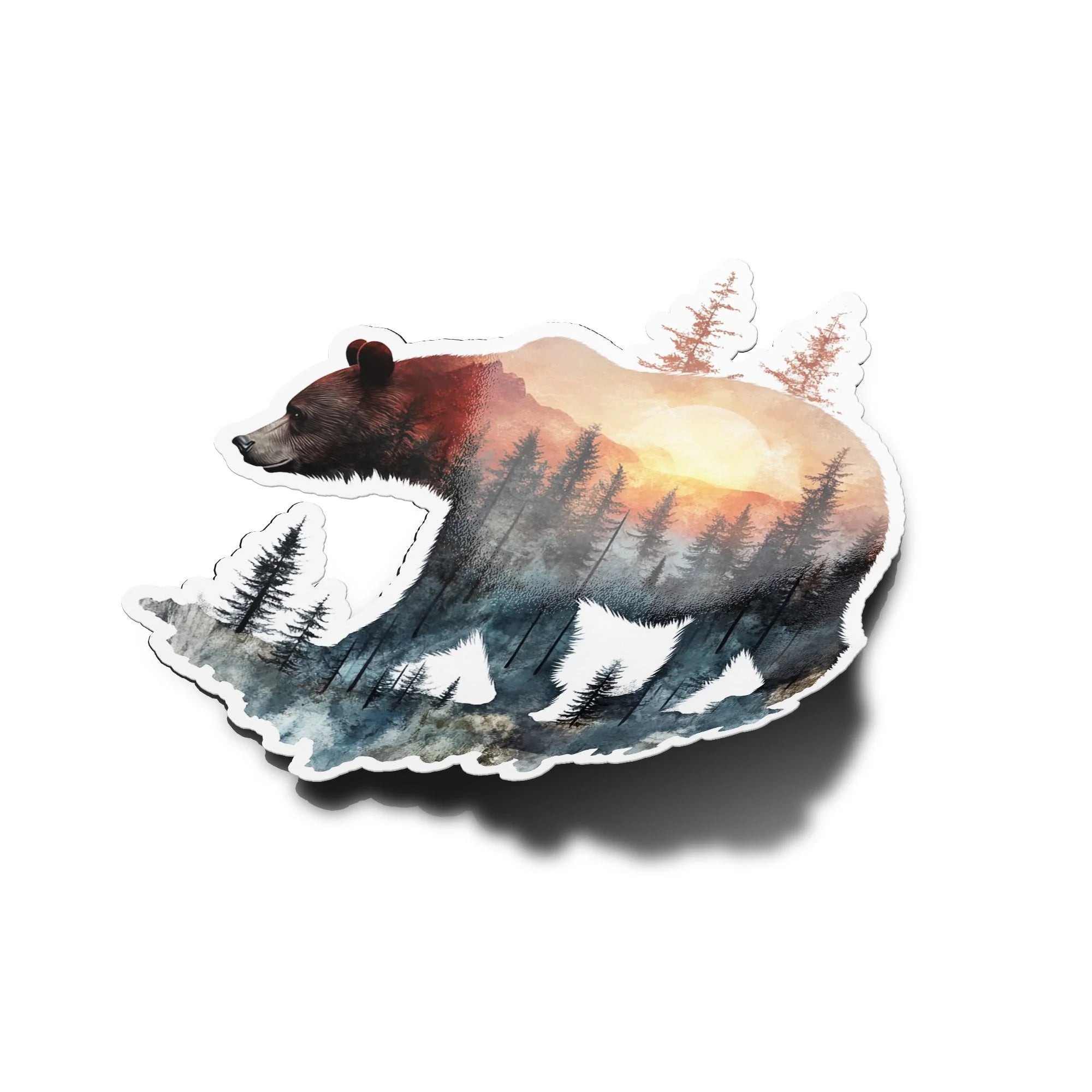 Sticker Vinyle Ours & Forêt | Illustration Aquarelle | Autocollant Étanche et Résistant aux UV | Découpe Personnalisée