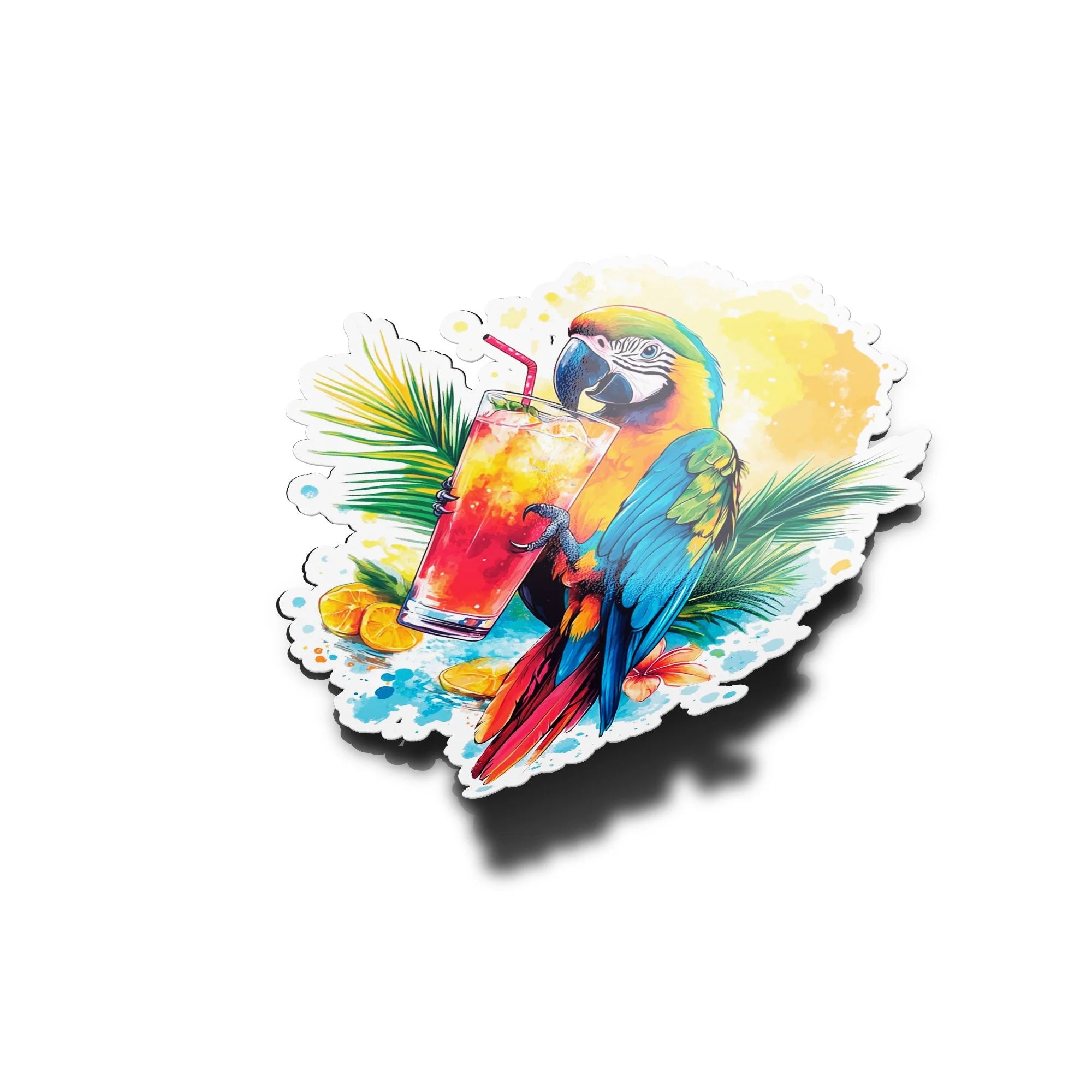 Sticker Vinyle Perroquet Tropical – Autocollant Aquarelle Cocktail & Soleil – Waterproof & Résistant UV