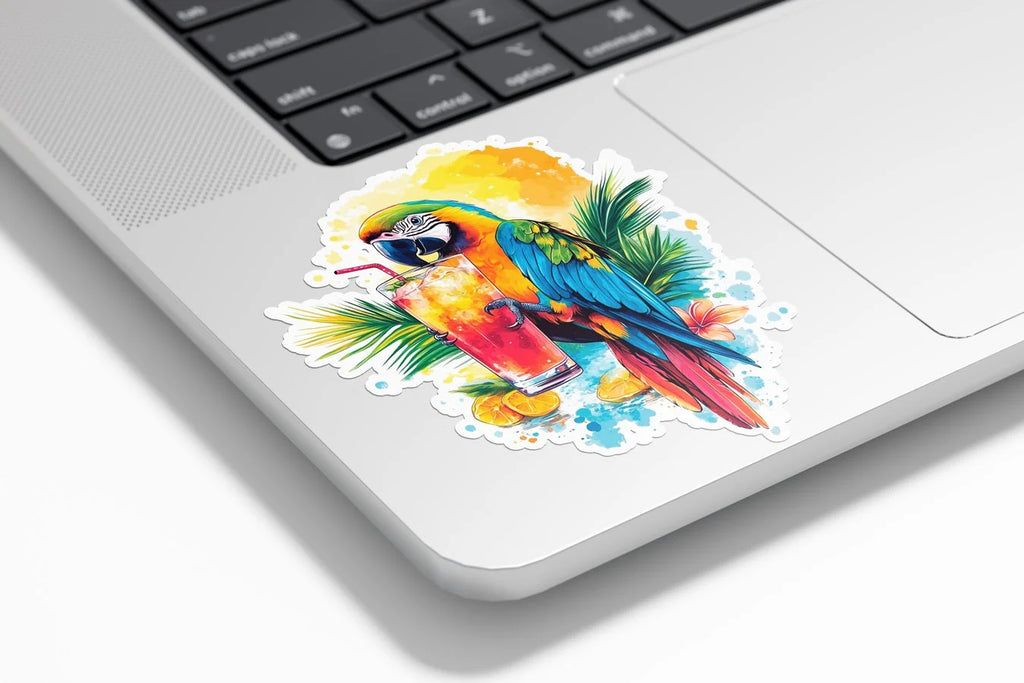 Sticker Vinyle Perroquet Tropical – Autocollant Aquarelle Cocktail & Soleil – Waterproof & Résistant UV