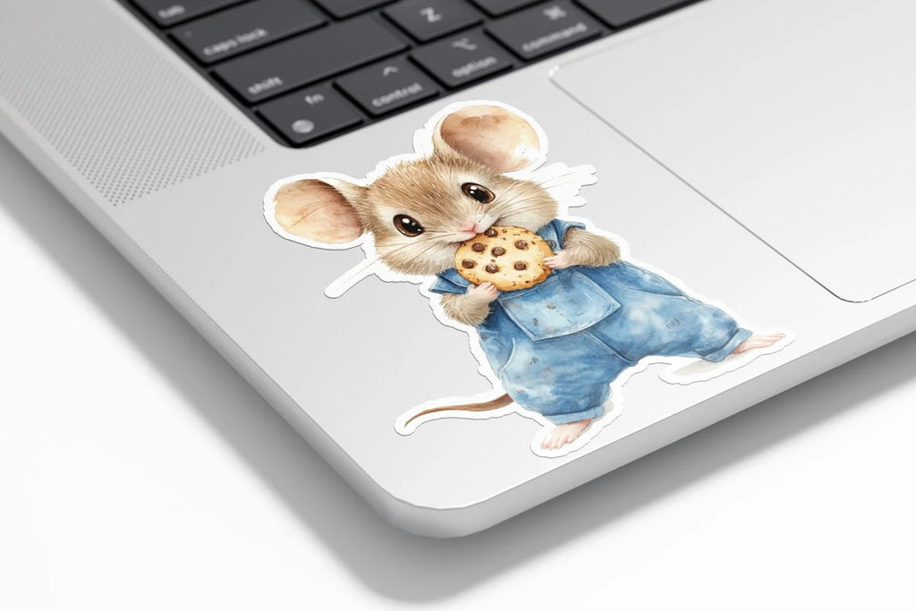Sticker Vinyle Souris Mignonne & Cookie | Illustration Aquarelle | Autocollant Étanche et Résistant aux UV