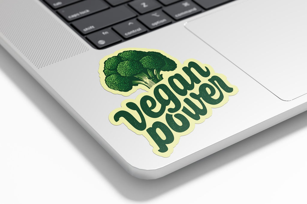 Sticker vinyle VEGAN POWER – Autocollant brocoli illustré, message vegan, résistant eau & UV