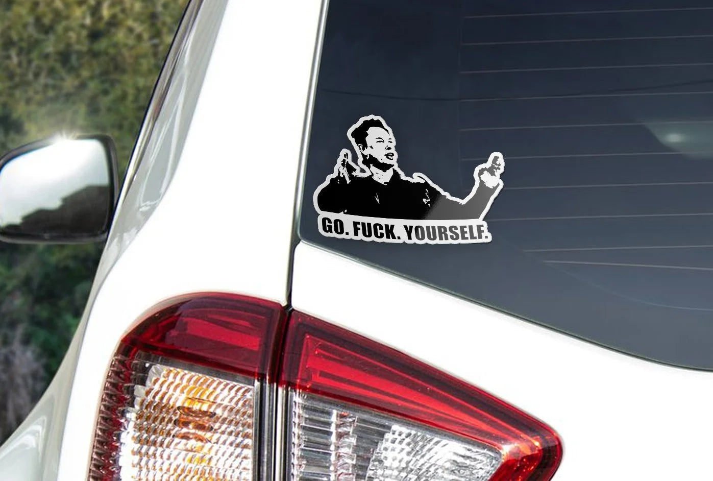 Sticker Vinyle Elon Musk "Go Fuck Yourself" - Autocollant Découpé à la Forme, Résistant à l'Eau et aux UV