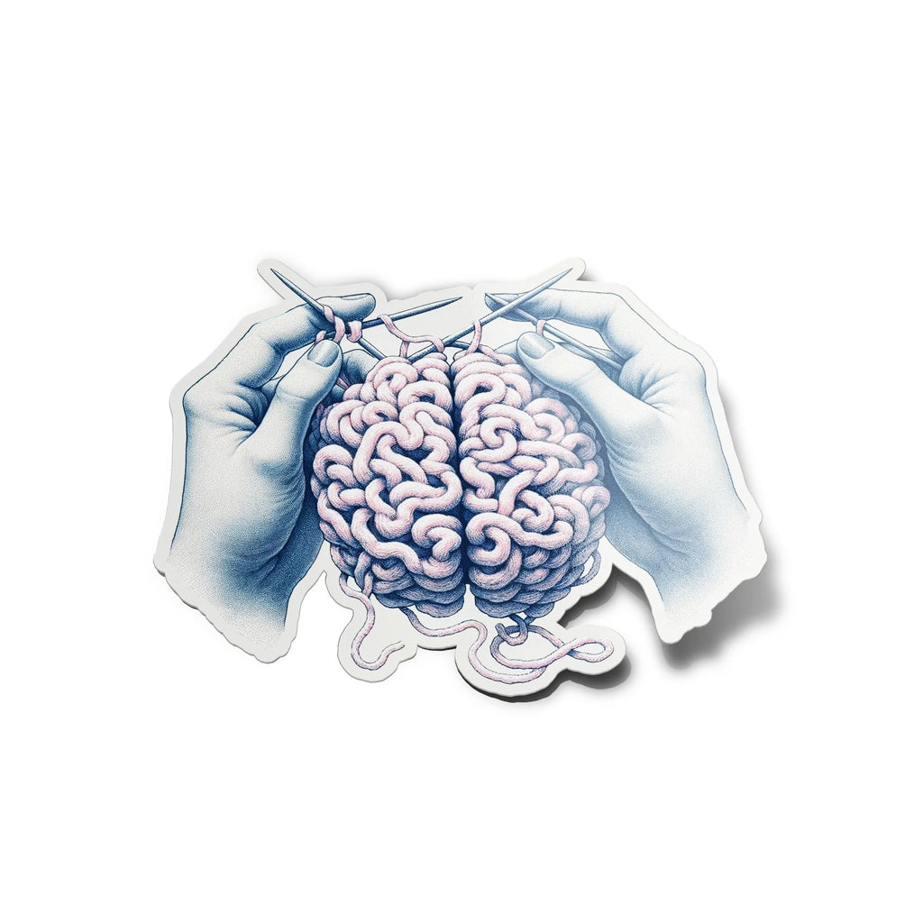 Sticker Vinyle Unique : Mains Tricotant un Cerveau - Résistant Eau/UV, Décor Mental & Anatomique