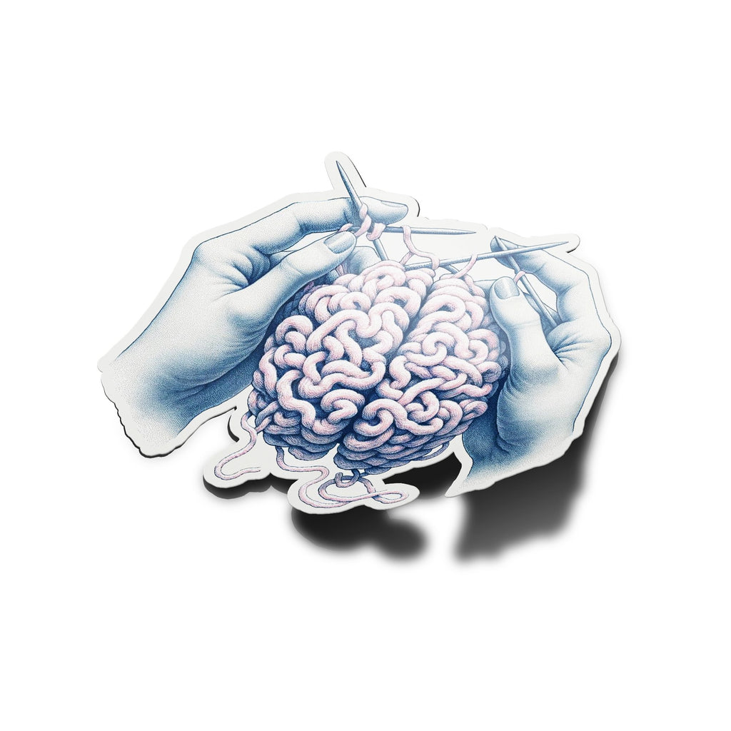 Sticker Vinyle Unique : Mains Tricotant un Cerveau - Résistant Eau/UV, Décor Mental & Anatomique